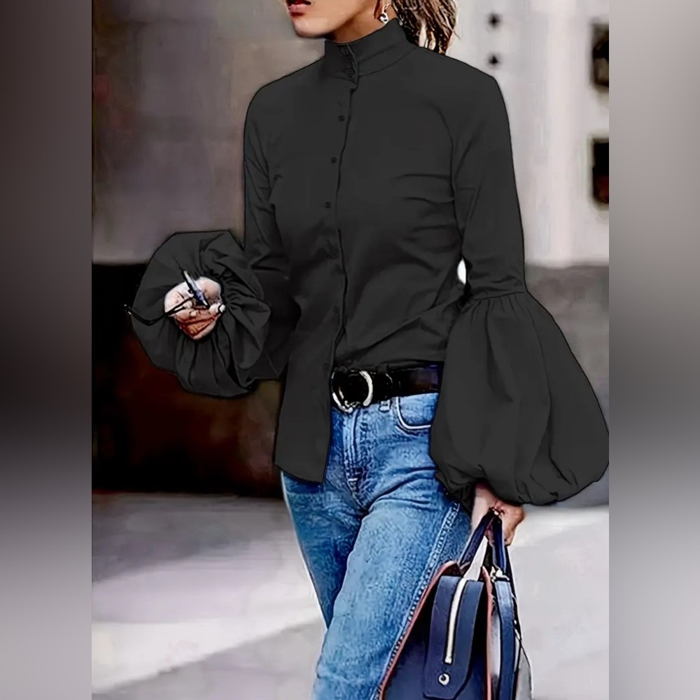 Elegant Black Blouse with Statement Sleeves